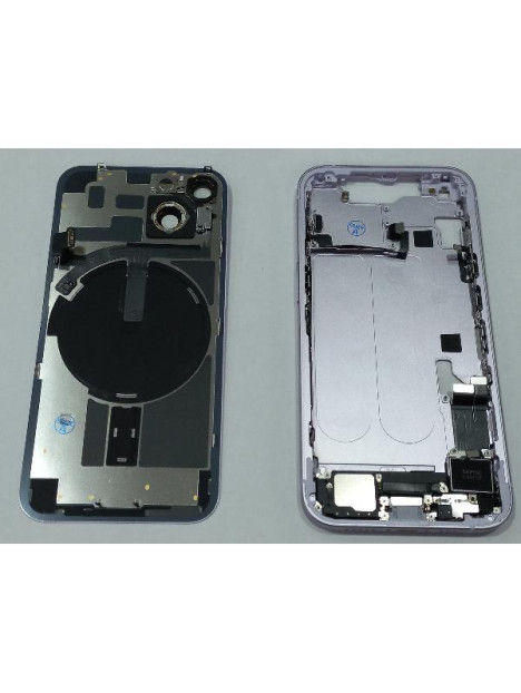 Set Tapa trasera o tapa bateria morada iPhone 14 con carcasa central y componentes Remanufacturada Grado A
