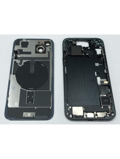 Set Tapa trasera o tapa bateria negra iPhone 15 Plus con carcasa central y componentes Remanufacturada Grado A
