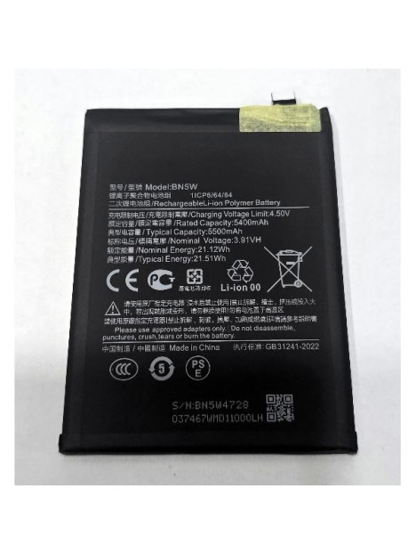 Bateria BN5W 5500mAh para Xiaomi Redmi Note 14 Pro 4G 24116RACCG calidad premium